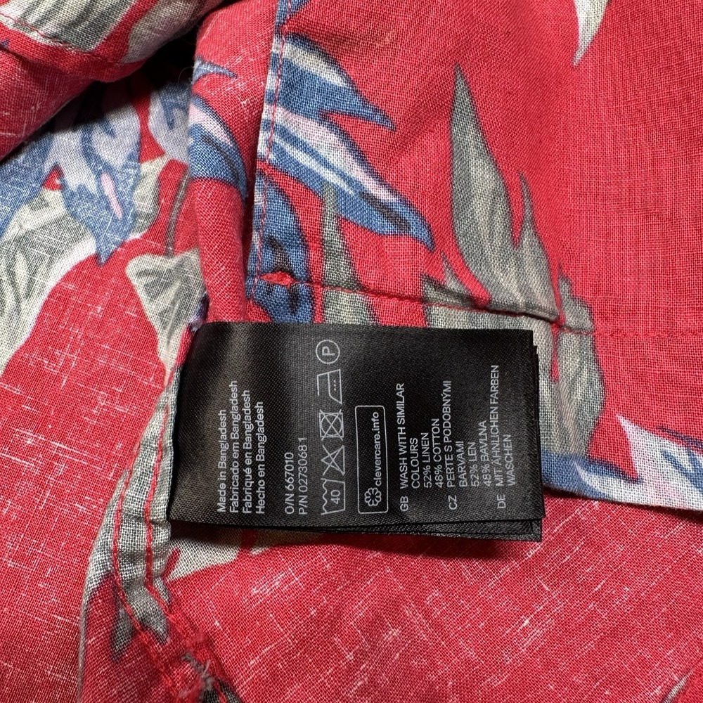 H&M LOGG Hawaiian Shirt Mens‎ L Red Floral Button Up Linen/Cotton Regular Fit - Picture 4 of 8